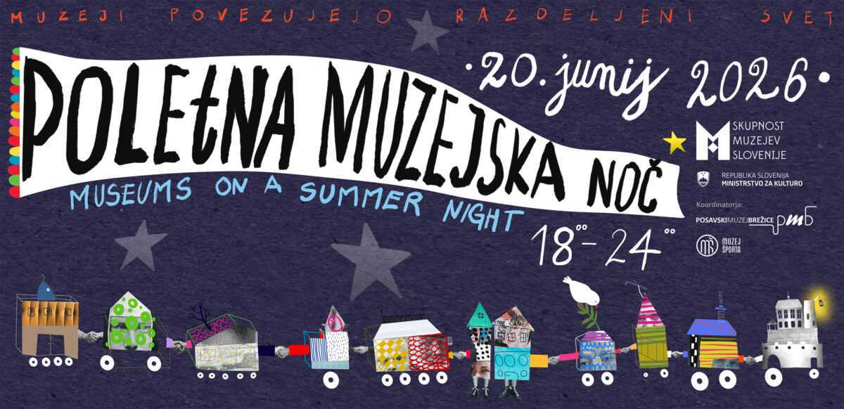 Motiv vlakca, ki z različnimi vagoni ponazarja idejo o tem, kako muzeji povezujejo razdeljeni svet.