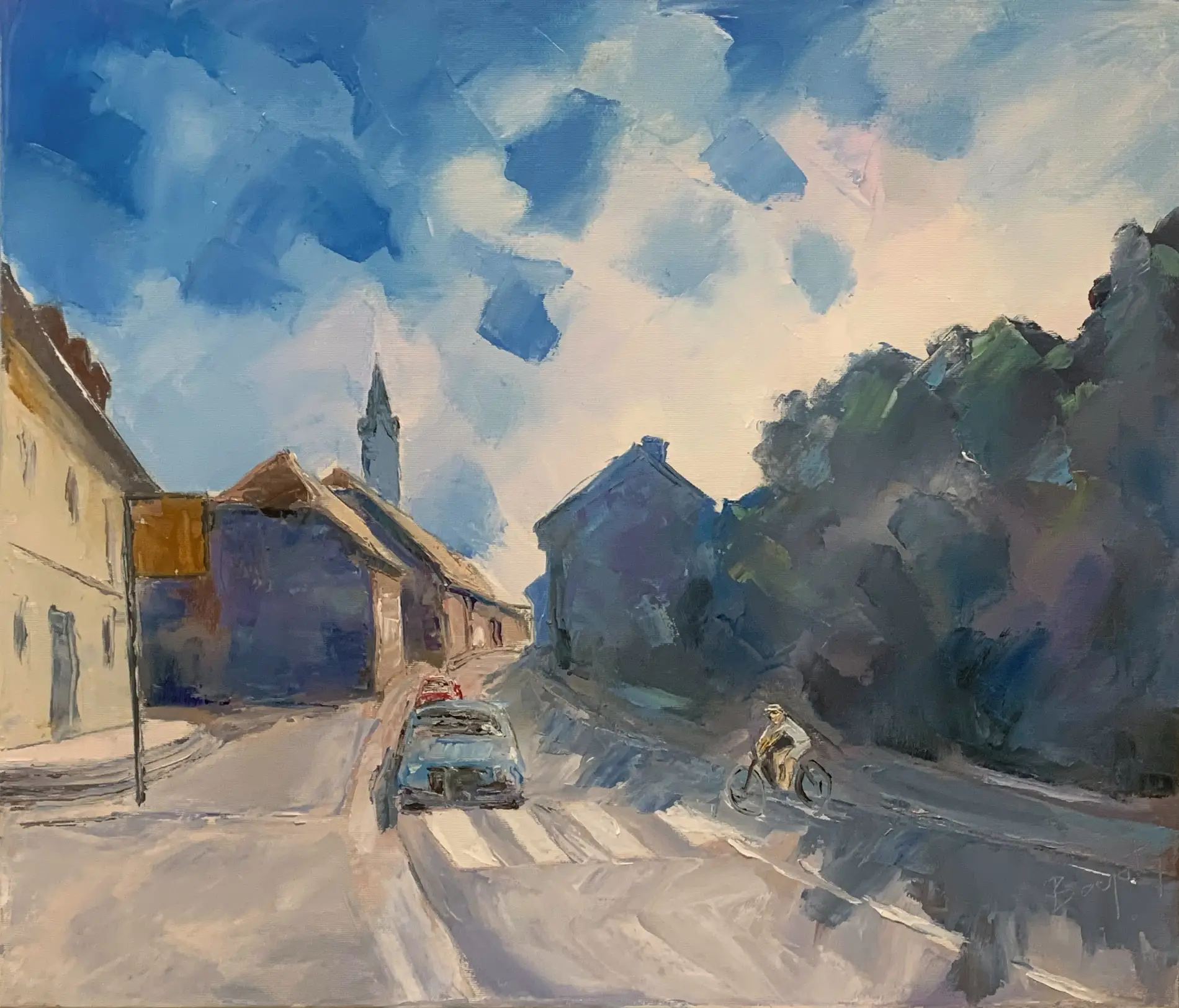 This painting by Vinko Bogataj depicts the town of Trebnje. A cyclist is crossing the street at a crosswalk; the cars have stopped. The town and the church are visible in the background.