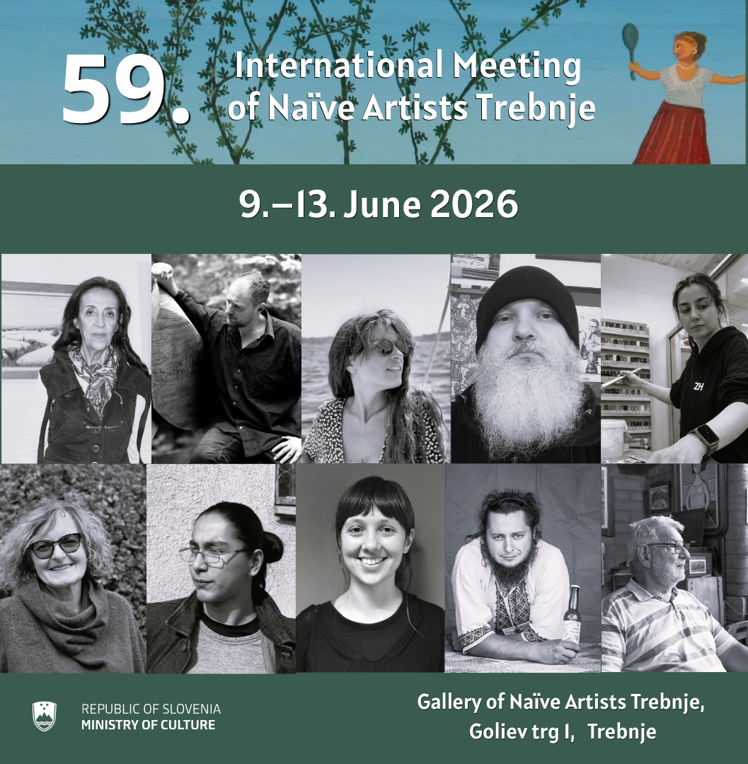 59. Meeting A promotional poster for the 59th International Meeting of Naïve Artists Trebnje, featuring an illustration, information about the dates (June 9–13, 2026), free admission, and photographs of the participating artists.