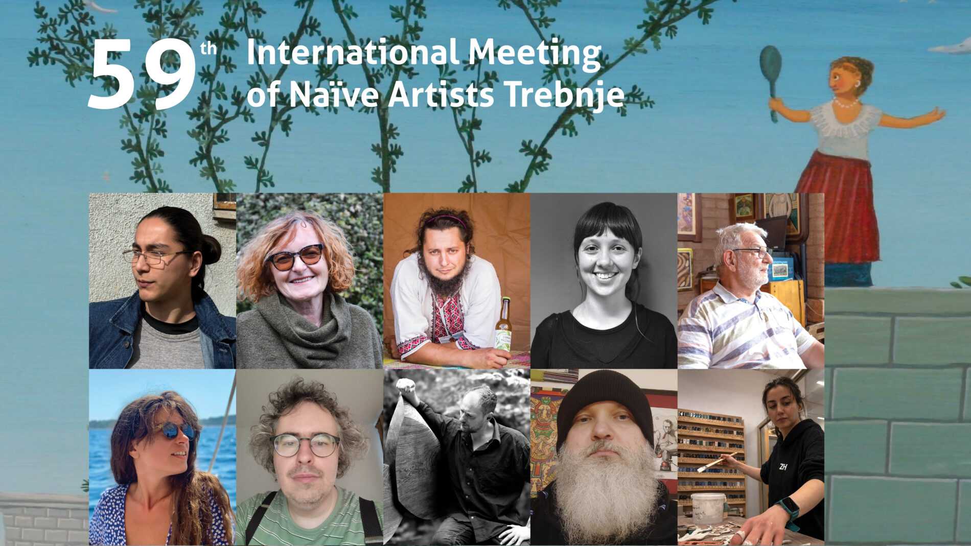 A promotional poster for the 59th International Meeting of Naïve Artists Trebnje, featuring an information about the dates (June 9–13, 2026) and photographs of the participating artists.