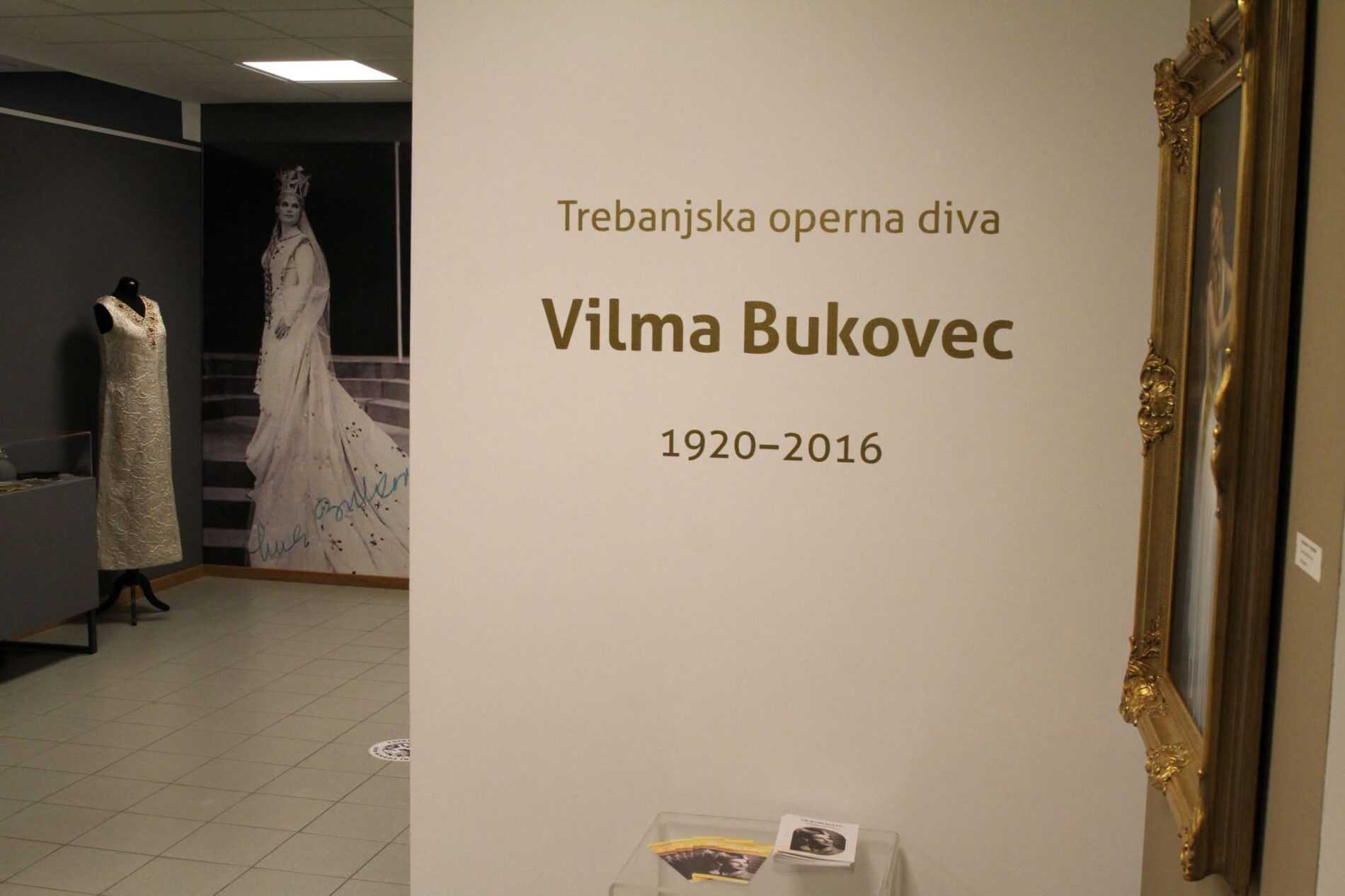 Odprtje Vilma Bukovec_15.9.2026_Foto Rok Nose (18) Uvodni pano razstave z napisom Trebanjska operna diva Vilma Bukovec (1920–2016). Na levi je razstavni prostor z obleko in plakatom Vilme Bukovec.